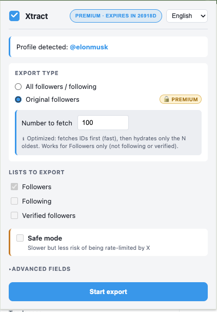Xtract popup — Original Followers mode